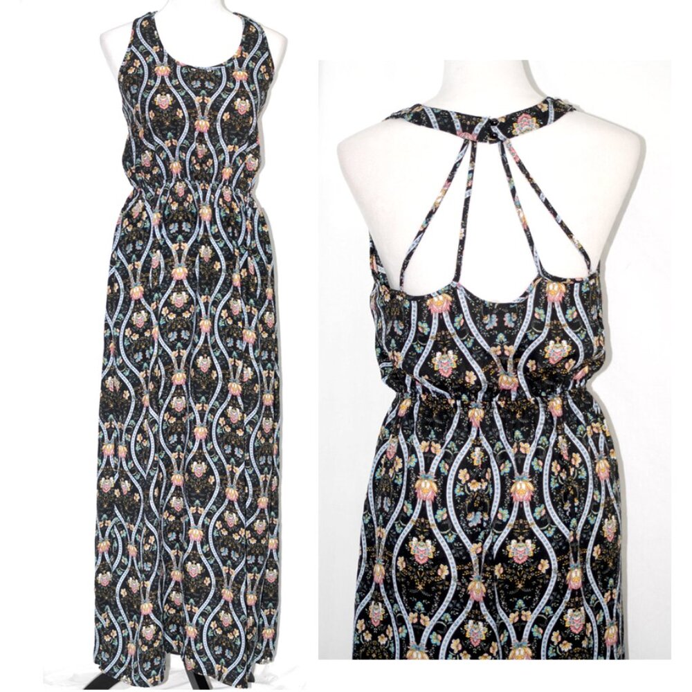 Multicolored Floral Sleeveless Open Back Pink Rose Womens Large Maxi Dress Black